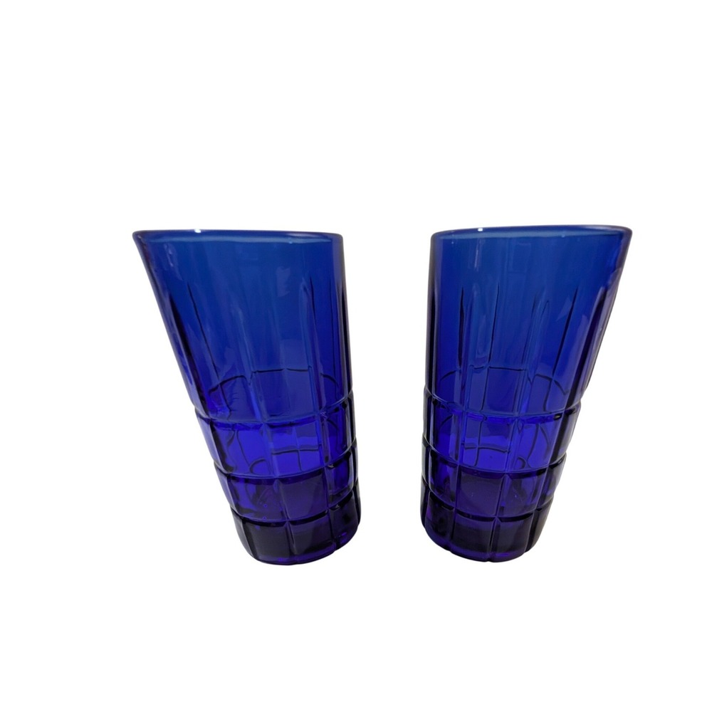 Anchor Hocking Cobalt Blue Tartan Plaid Glass Tumblers Set of 2 Highball 6 Inch